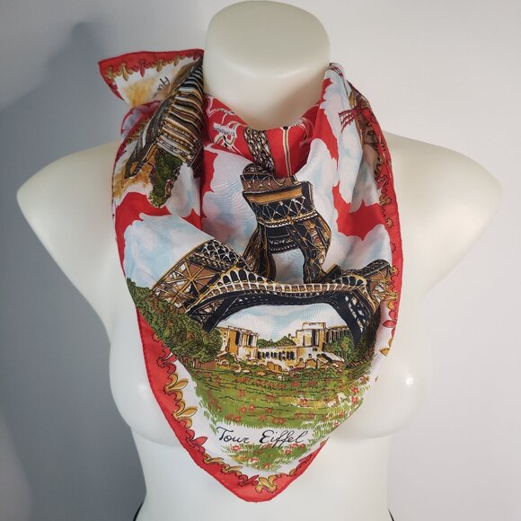 Vintage Red Gold Scarf Made in Italy Eiffel Tower Arc de Triumph Moulin Rouge - Picture 2 of 13